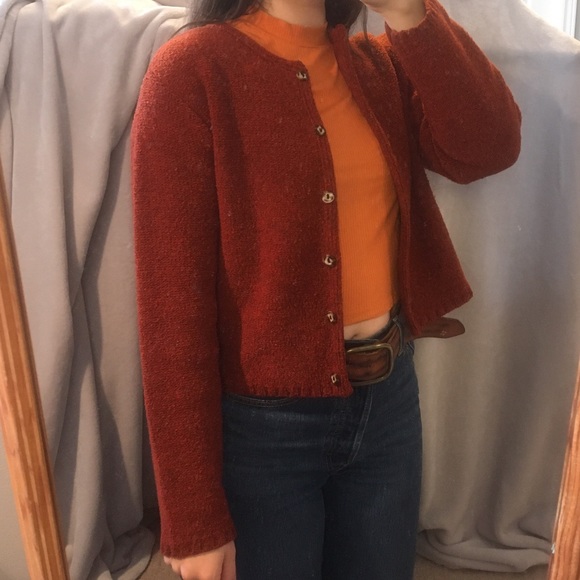 🍁 Vintage Burnt Orange Fuzzy Cropped Cardigan - Picture 5 of 13
